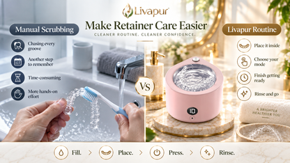 Livapur cleaner shown next to a retainer for size comparison