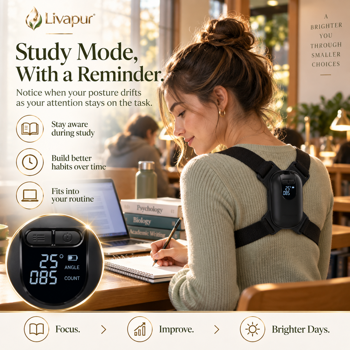 Smart Posture Reminder worn while studying