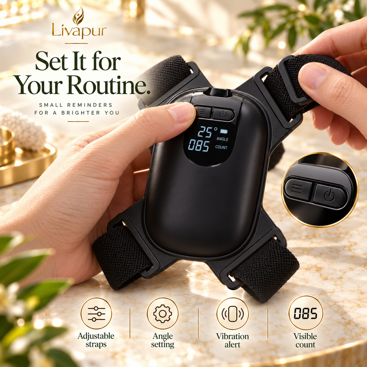Smart Posture Reminder controls and adjustable straps