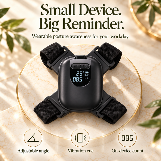 Smart Posture Reminder device, straps, digital display, and controls