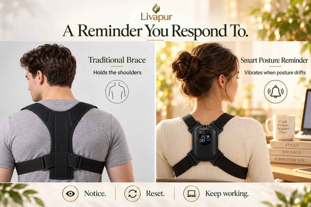 Traditional posture brace compared with the Smart Posture Reminder