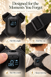 Smart Posture Reminder angle setting, strap detail, alert count, and fit
