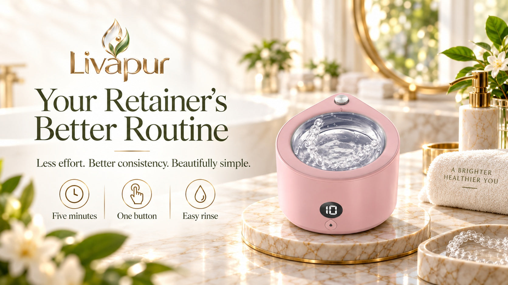 Livapur ultrasonic cleaner pictured in a premium bathroom setting