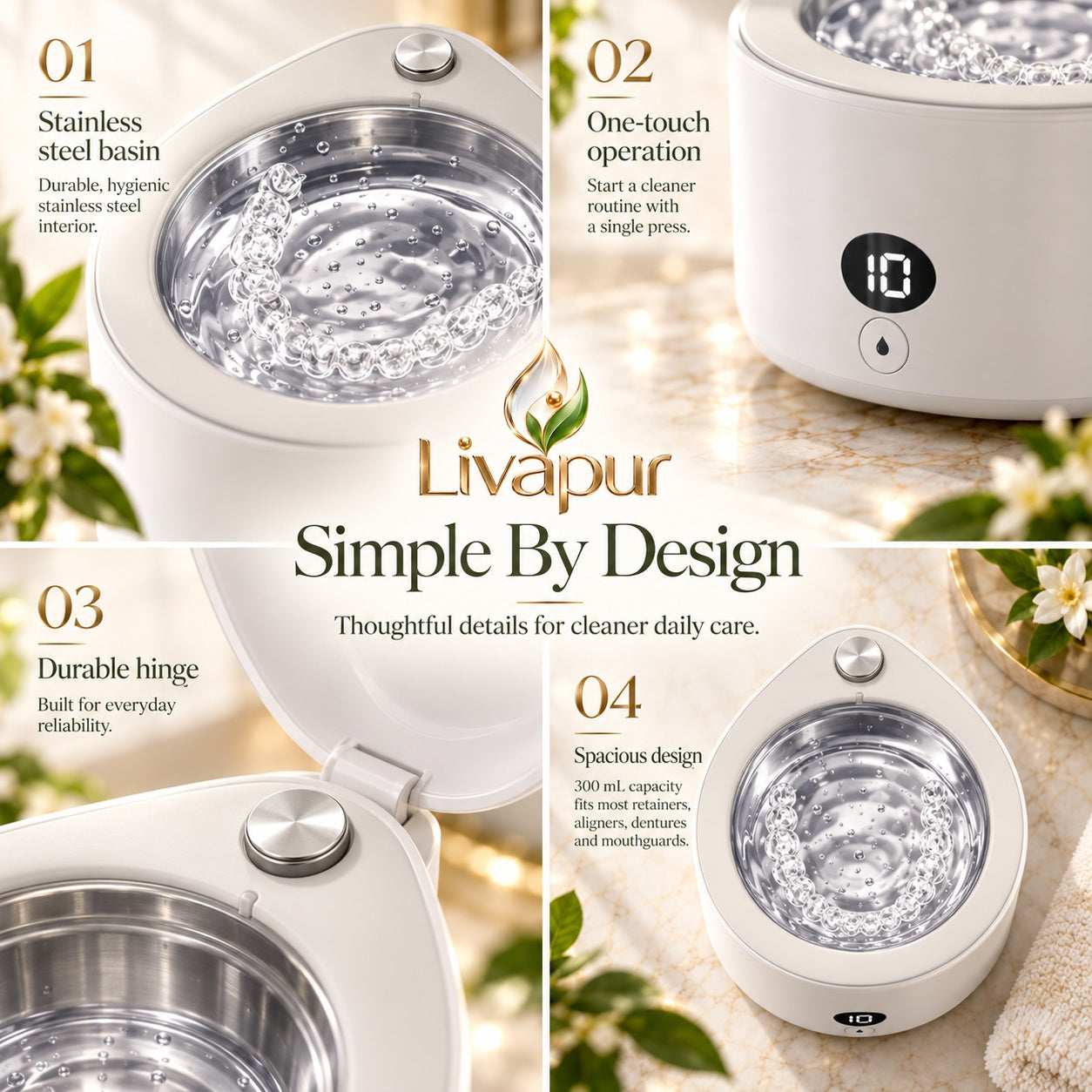 Livapur stainless basin, button, hinge, and top-view details